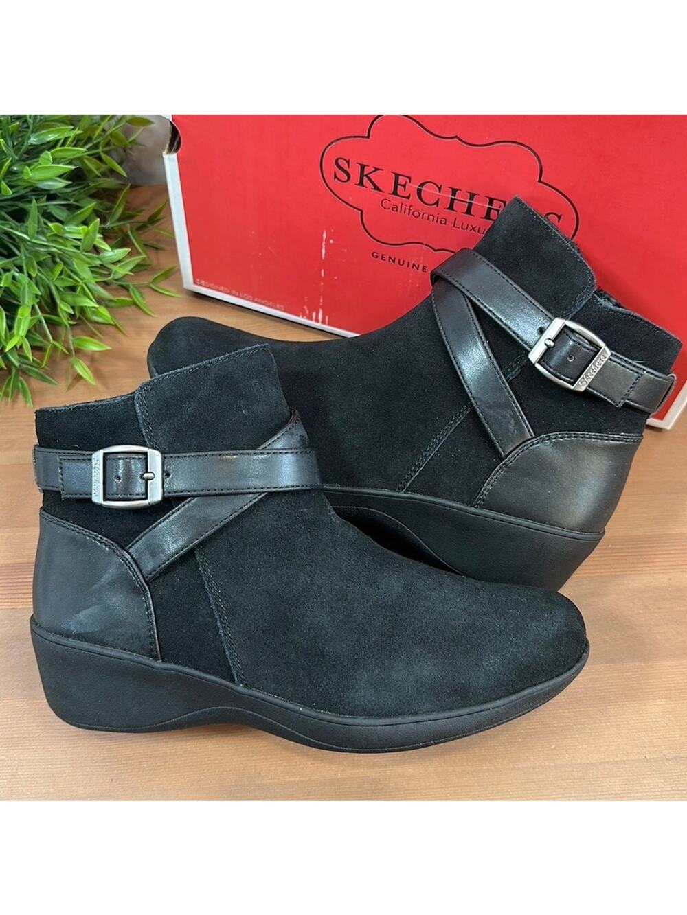 Skechers Frenchie Sleekish Wedge Boots with Buckle Detail Size 6.5